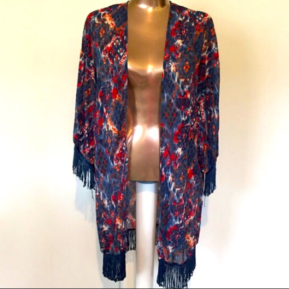 Fringe Duster -Red white & blue sheer abstract top